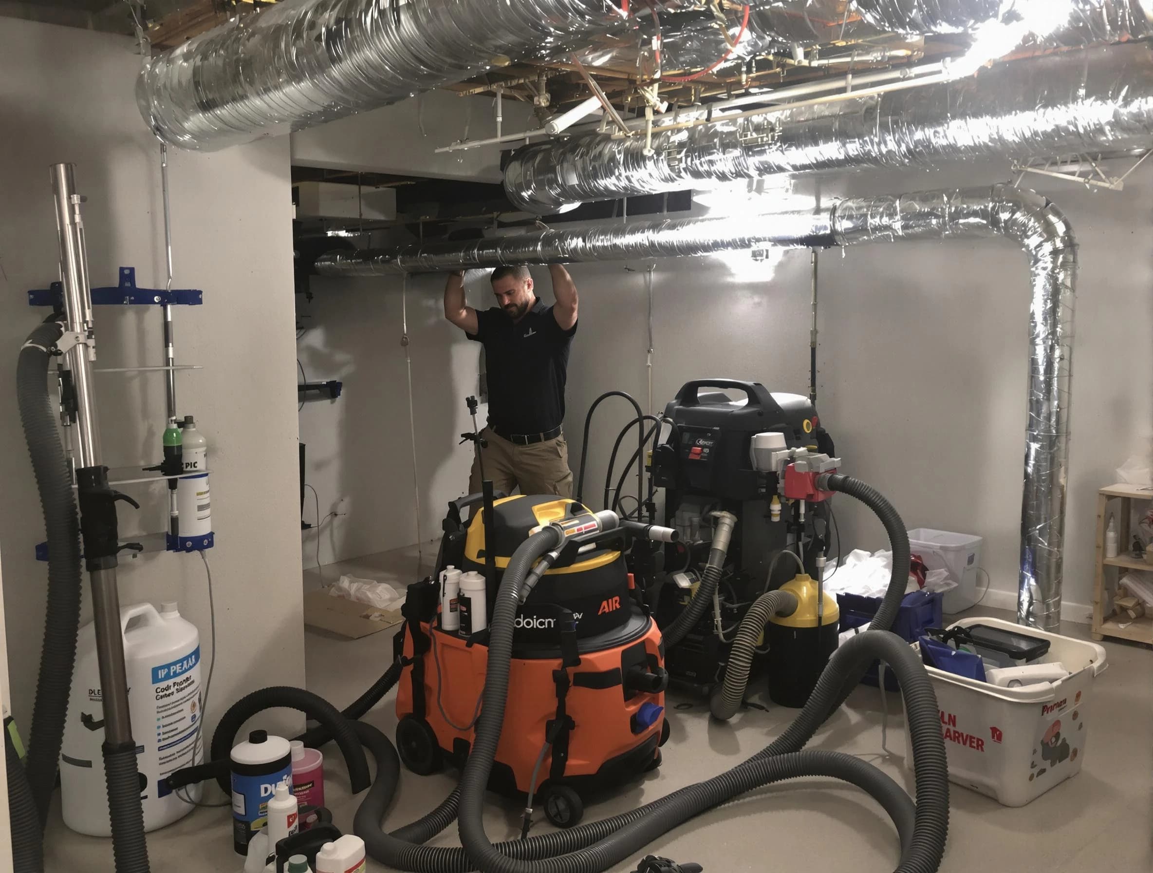 Farmington Air Duct Cleaning specialist performing professional mold removal from air ducts using safety equipment in Farmington