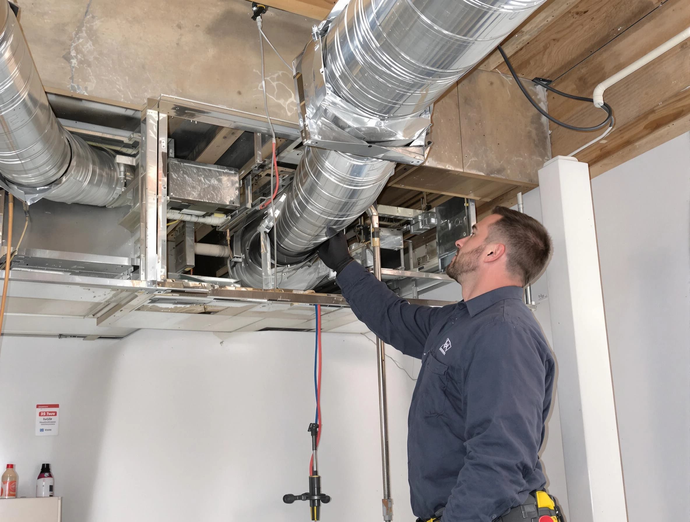 Farmington Air Duct Cleaning technician performing professional air duct repair using specialized tools in Farmington
